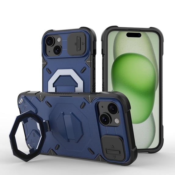 Military Grade Shockproof Case for iPhone 14 Plus – Outdoor Sports Phone Case, Magnetic Ring Stand Cover, Mag Safe Compatible, with Sliding Lens Cover & Double Hole for Hook Up -- Blue