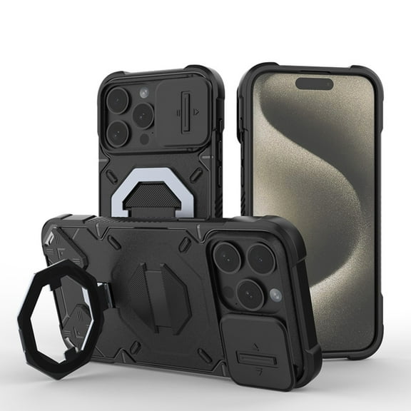 Military Grade Shockproof Case for iPhone 15 Pro Max – Outdoor Sports Phone Case, Magnetic Ring Stand Cover, Mag Safe Compatible, with Sliding Lens Cover & Double Hole for Hook Up -- Black