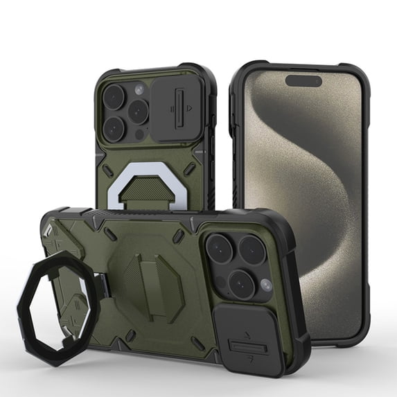 Military Grade Shockproof Case for iPhone 16 Pro Max – Outdoor Sports Phone Case, Magnetic Ring Stand Cover, Mag Safe Compatible, with Sliding Lens Cover & Double Hole for Hook Up -- Green