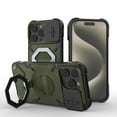 thumbnail image 1 of Military Grade Shockproof Case for iPhone 16 Pro – Outdoor Sports Phone Case, Magnetic Ring Stand Cover, Mag Safe Compatible, with Sliding Lens Cover & Double Hole for Hook Up -- Green, 1 of 10