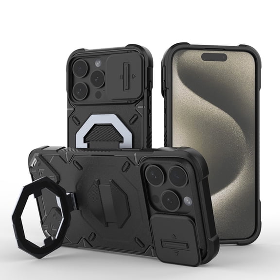 Military Grade Shockproof Case for iPhone 16 Pro – Outdoor Sports Phone Case, Magnetic Ring Stand Cover, Mag Safe Compatible, with Sliding Lens Cover & Double Hole for Hook Up -- Black