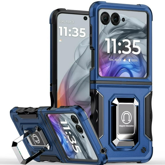 Military Grade Shockproof Hybrid Armor Case with Ring Grip for Motorola Razr 2024 - Blue