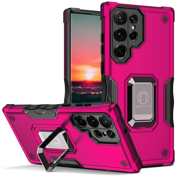 Military Grade Shockproof Hybrid Armor Case with Ring Grip for Samsung Galaxy S25 Ultra - Hot Pink