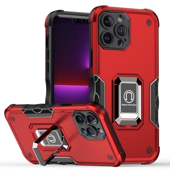 Military Grade Shockproof Hybrid Armor Case with Ring Grip for iPhone 14 Pro Max - Red