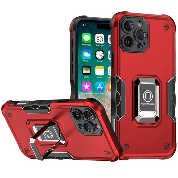 Military Grade Shockproof Hybrid Armor Case with Ring Grip for iPhone 16 Pro Max - Red