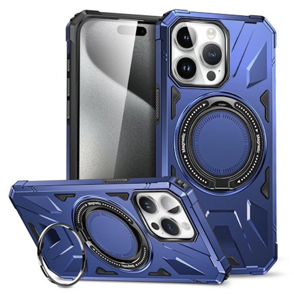 Military Grade TUFF MagSafe Case with Rotating Ring Stand for iPhone 15 Plus - Blue