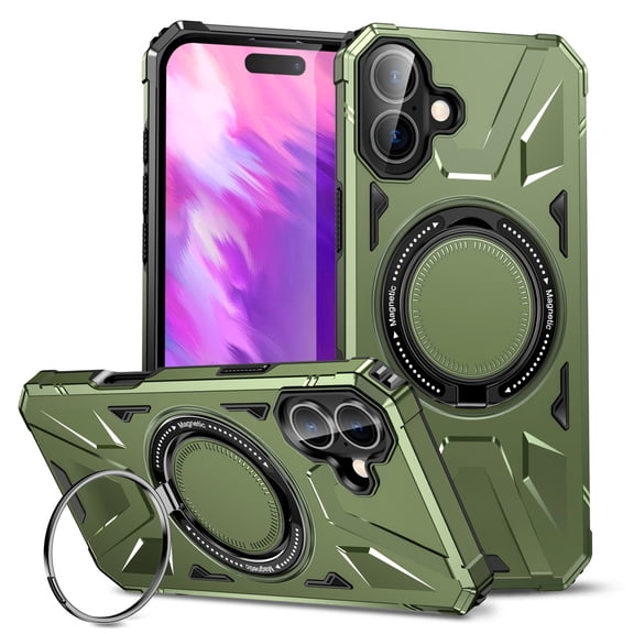 Military Grade TUFF MagSafe Case with Rotating Ring Stand for iPhone 16 Plus - Green