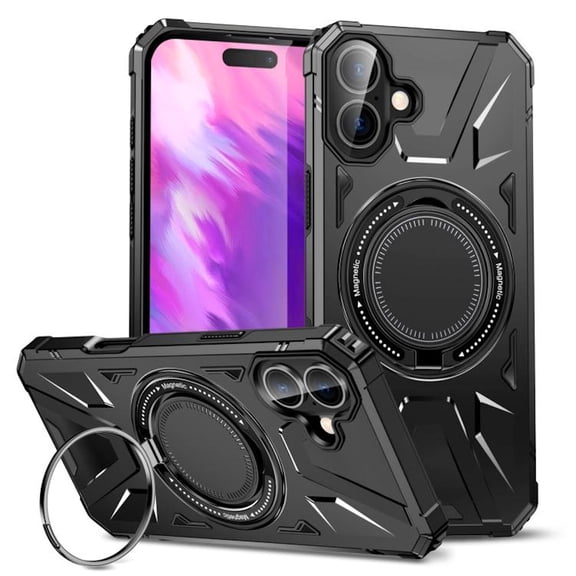 Military Grade TUFF MagSafe Case with Rotating Ring Stand for iPhone 17 - Black