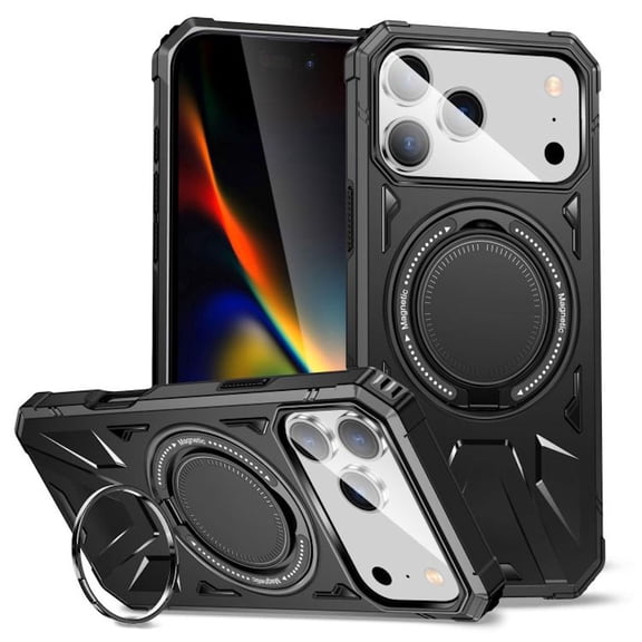 Military Grade TUFF MagSafe Case with Rotating Ring Stand for iPhone 17 Pro Max - Black