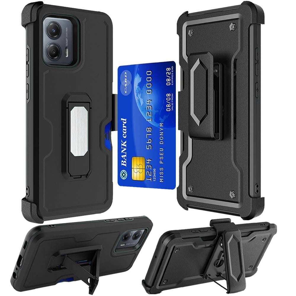 Military Grade Ultra Rugged Hybrid Kickstand Case with Card Slot and Belt Clip Holster for Motorola Moto G 2025 - Black