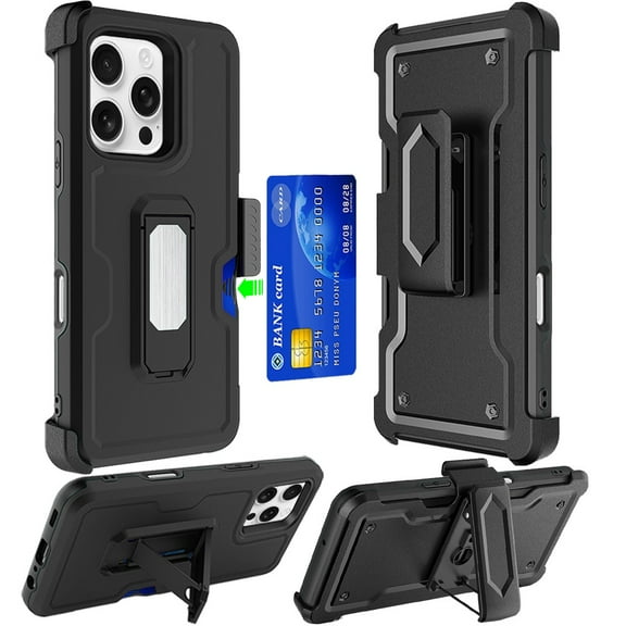 Military Grade Ultra Rugged Hybrid Kickstand Case with Card Slot and Belt Clip Holster for iPhone 16 Pro - Black