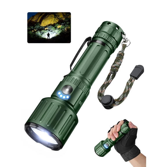 Military Green Tactical Flashlight, 5000 High Lumens Rechargeable Hand Light, Tactical Tail Switch 6 Modes Memory, 5000mAh USB-C Waterproof EDC Torch for Home Emergency Outdoor