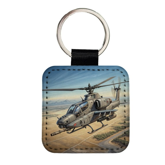 Military Gunship Helicopter In Flight Faux Leather Square Keychain