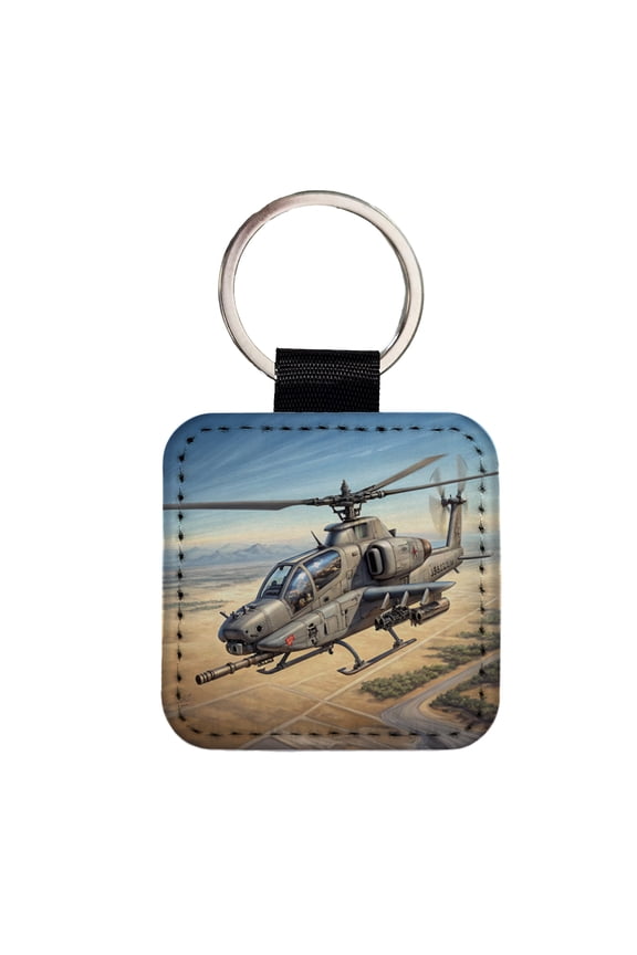 Military Gunship Helicopter In Flight Faux Leather Square Keychain