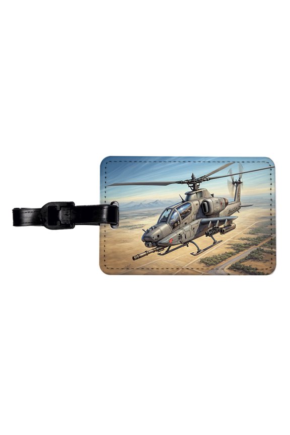 Military Gunship Helicopter In Flight Faux Leather Travel Luggage Tag