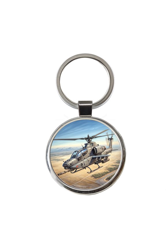 Military Gunship Helicopter In Flight Metal Round Keychain