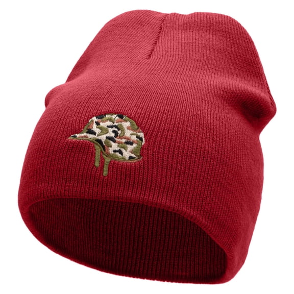 Military Helmet Embroidered 8 inch Acrylic Short Blank Beanie - Red OSFM