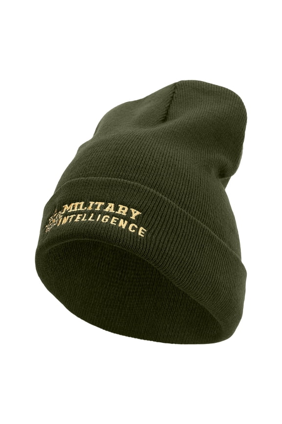 Military Intelligence Embroidered 12 Inch Long Knitted Beanie - Olive OSFM