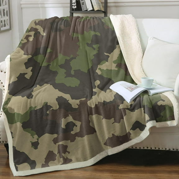 Military Khaki Camo Fleece Throw Blanket for Kids Boys Soft Army Camouflage Sherpa Blanket for Couch Chair, Throw (50" X 60")