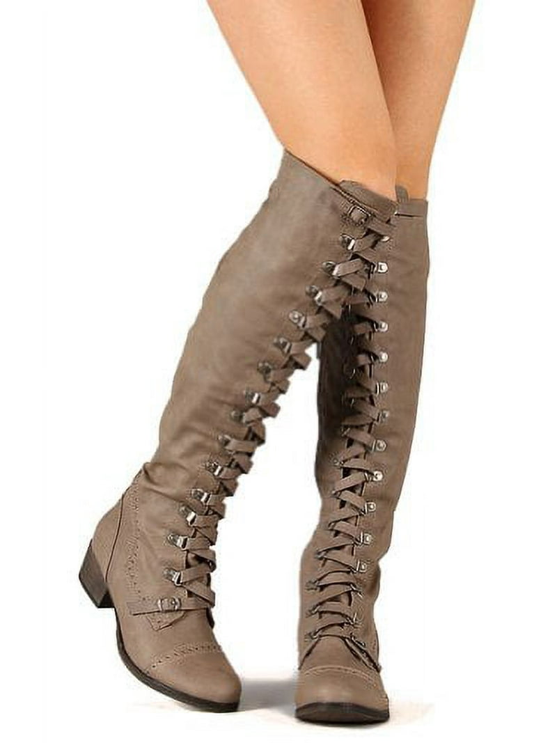Military Lace Up Over the Knee High Boots Vegan Leather Beige (9 B