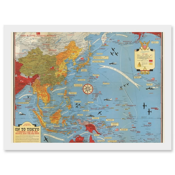 Military Map Turner 1944 World War WWII On To Tokyo Pacific Artwork Framed Wall Art Print A4