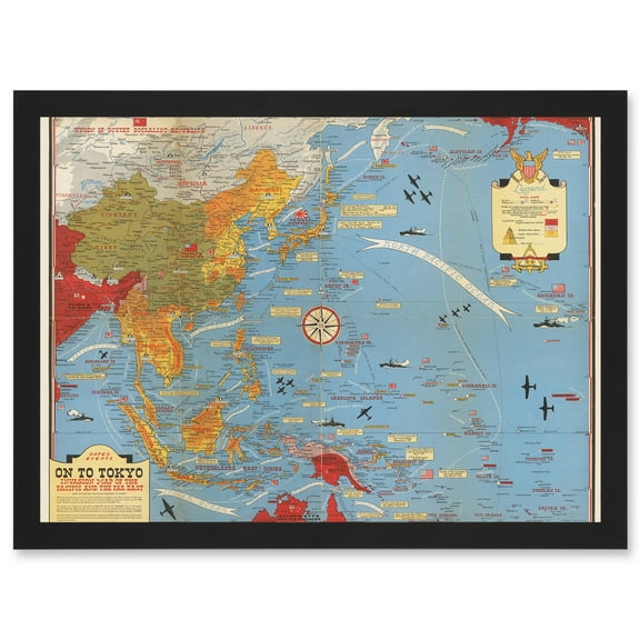 Military Map Turner 1944 World War WWII On To Tokyo Pacific Artwork Framed Wall Art Print A4