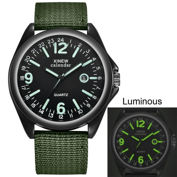 Military Mens Watch, Durable Quartz Sport Wrist Watch, Luminous Dial Date Nylon Strap Water Resistant Casual Timepiece, Green