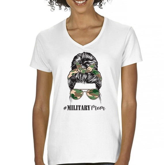 Military Mom Women's V-Neck T-shirt Proud Mom Life Messy Bun Sunglasses Mother's Day Mama Mommy Active Duty Veteran Vet Tee