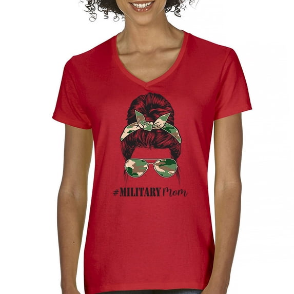 Military Mom Women's V-Neck T-shirt Proud Mom Life Messy Bun Sunglasses Mother's Day Mama Mommy Active Duty Veteran Vet Tee