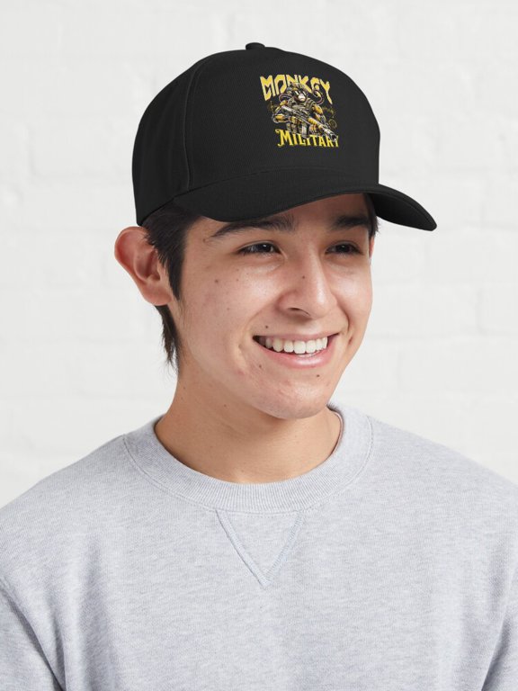 Military Monkey Baseball Cap, Yellow Black Uniform Animal Character Design, Classic Hat