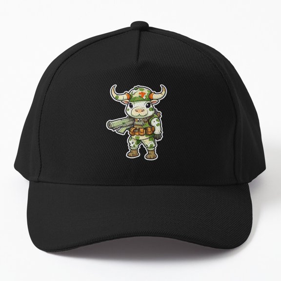 Military Moo-ves Baseball Cap, Smiling Cow in Command Character Design, Classic Hat
