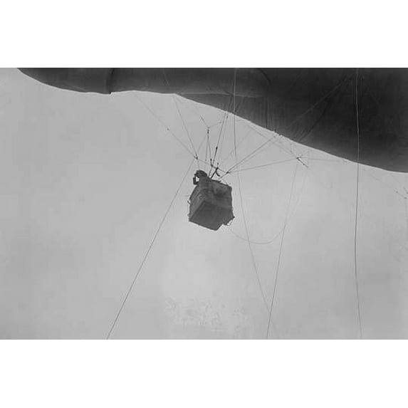 Military Observer hangs from a Balloon by guide wires in a basket looking over battlefield Poster Print by unknown (18 x 24)