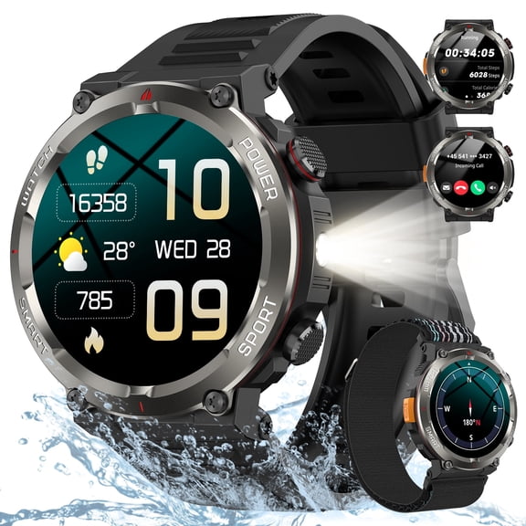 Military Outdoor Waterproof SOS Smart Watch for Men,1.45" HD Watch,with Calling,Flashlight,Compass,100+ Sports Modes,Large 960 mAh Battery,fits for Android iPhone Samsung,Black