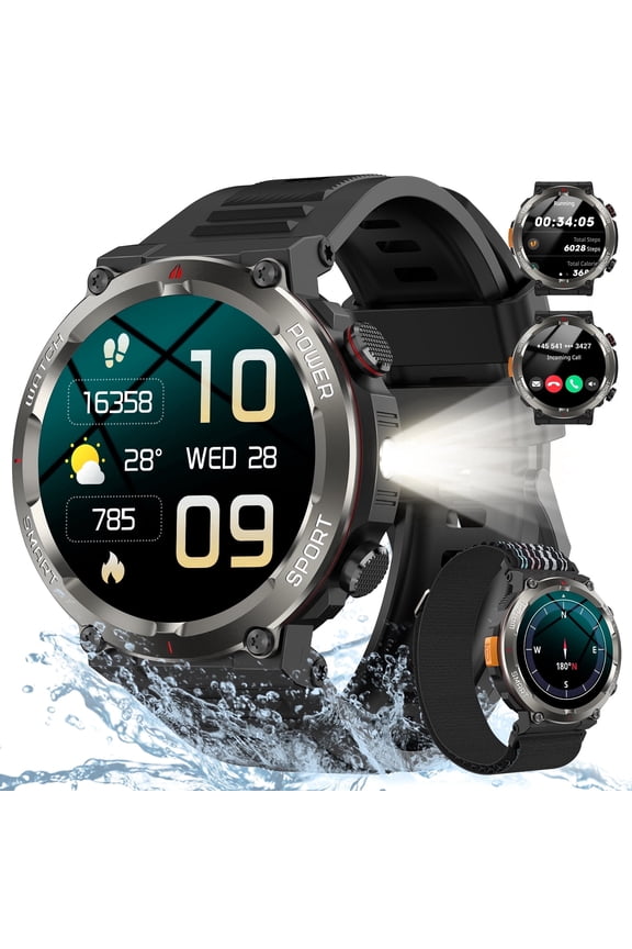 Military Outdoor Waterproof SOS Smart Watch for Men,1.45" HD Watch,with Calling,Flashlight,Compass,100+ Sports Modes,Large 960 mAh Battery,fits for Android iPhone Samsung,Black