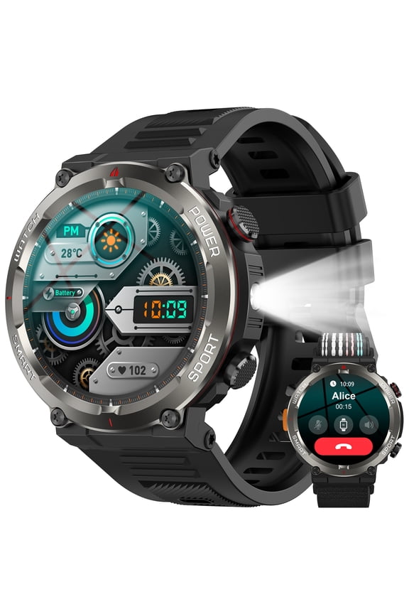 Military Outdoor Waterproof SOS Smart Watch for Men Answer/Make Call, fits for Android Samsung iPhone, 1.45" HD Screen Watch, 100+Sports Modes, 960 mAh Battery, Black