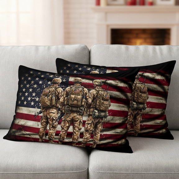 Military Outdoor Waterproof Throw Pillow Covers 20x12 Set of 2, America Flag Camo Green Patriotic Memorial Day Decorative Pillowcases Cushion Pillowcase for Couch Sofa Patio Outside Pillow Protector