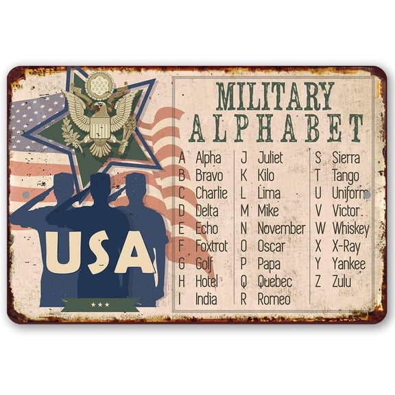 Military Phonetic Alphabet Metal Wall Sign, Indoor Outdoor Decor, Durable 8 x 12 Inch Rectangular Plaque