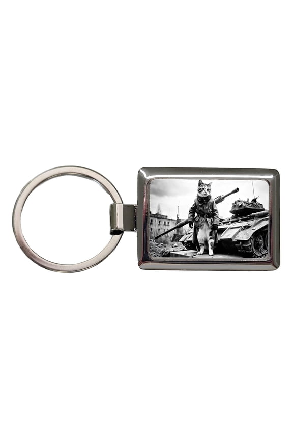 Military Resistance War Soldier Cat Retro Black And White Metal Rectangle Keychain