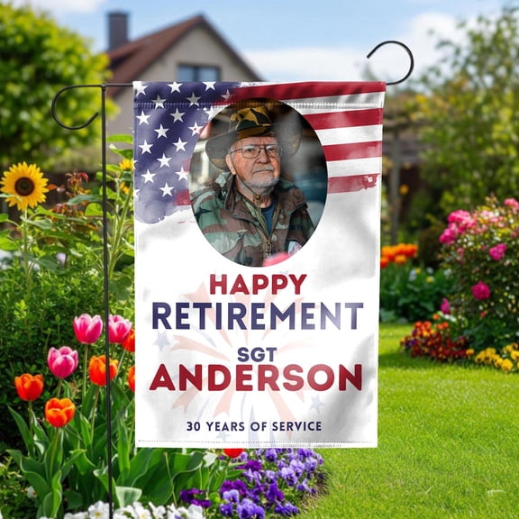 Military Retirement Garden Flag, Personalized Photo Yard Sign for Veteran, Custom Patriotic Gift for Him, Sergeant Retirement Party Banner