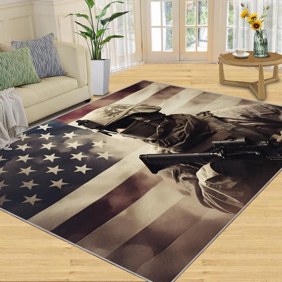 Military Rug, American Flag Area Rug - Non-Slip Washable Rugs for Living Room, Army Theme Floor Mat for Office - Military Decor 5x7ft
