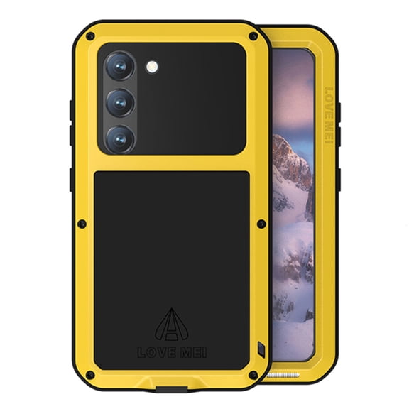Military Rugged Case for Samsung Galaxy S23 Plus, with Tempered Glass Screen Protector, Shockproof Dustproof Scratch Proof Hybrid Metal and Silicone Gel Heavy Duty Full Body Cover,Yellow