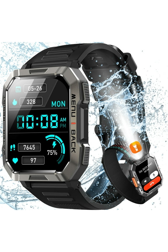 Military SOS Smart Watch for Men Bluetooth (Call Receive/Dial) with LED Flashlight,Compass,100+ Sports Modes,Black