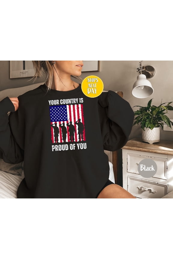 Military Salute Patriotic Sweatshirt, Red White Blue USA Flag Hoodie, Memorial Day and July 4th Shirt