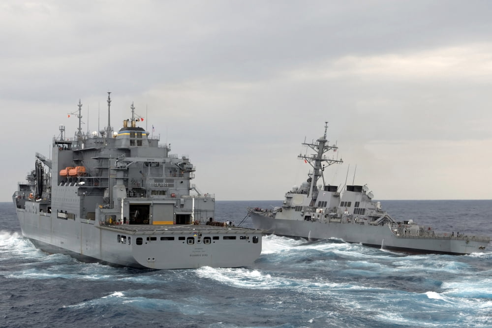 The Military Sealift Command fleet replenishment oiler USNS Richard E Byrd refueling at sea with USS Fitzgerald Canvas Art - Stocktrek Images (34 x 23)