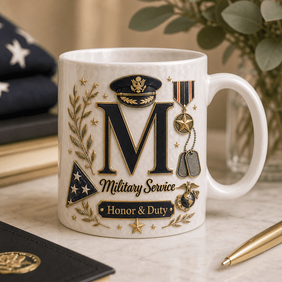 Military Service Mug with Initial M Design, Honor & Duty Gift for Service Members