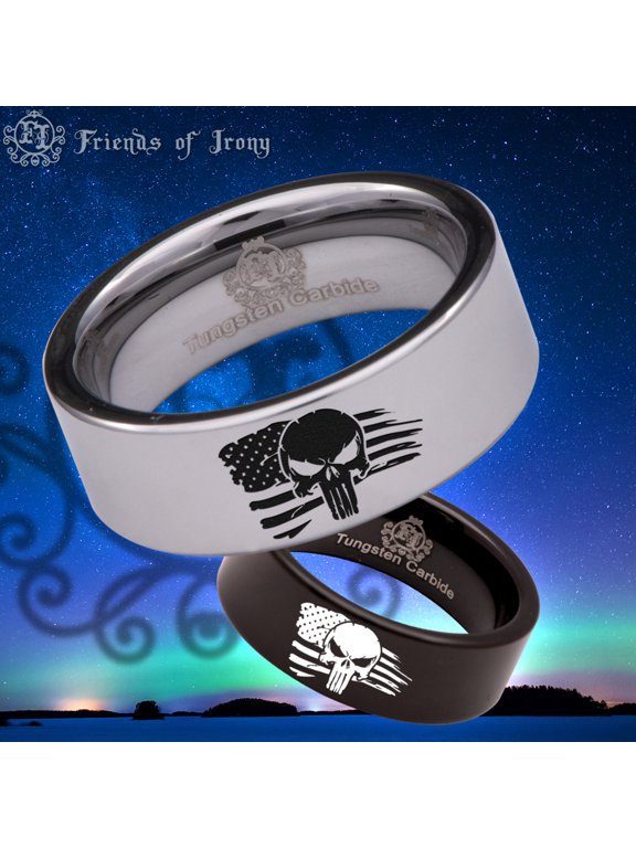 Military Skull Tattered American Flag Tungsten Carbide Ring