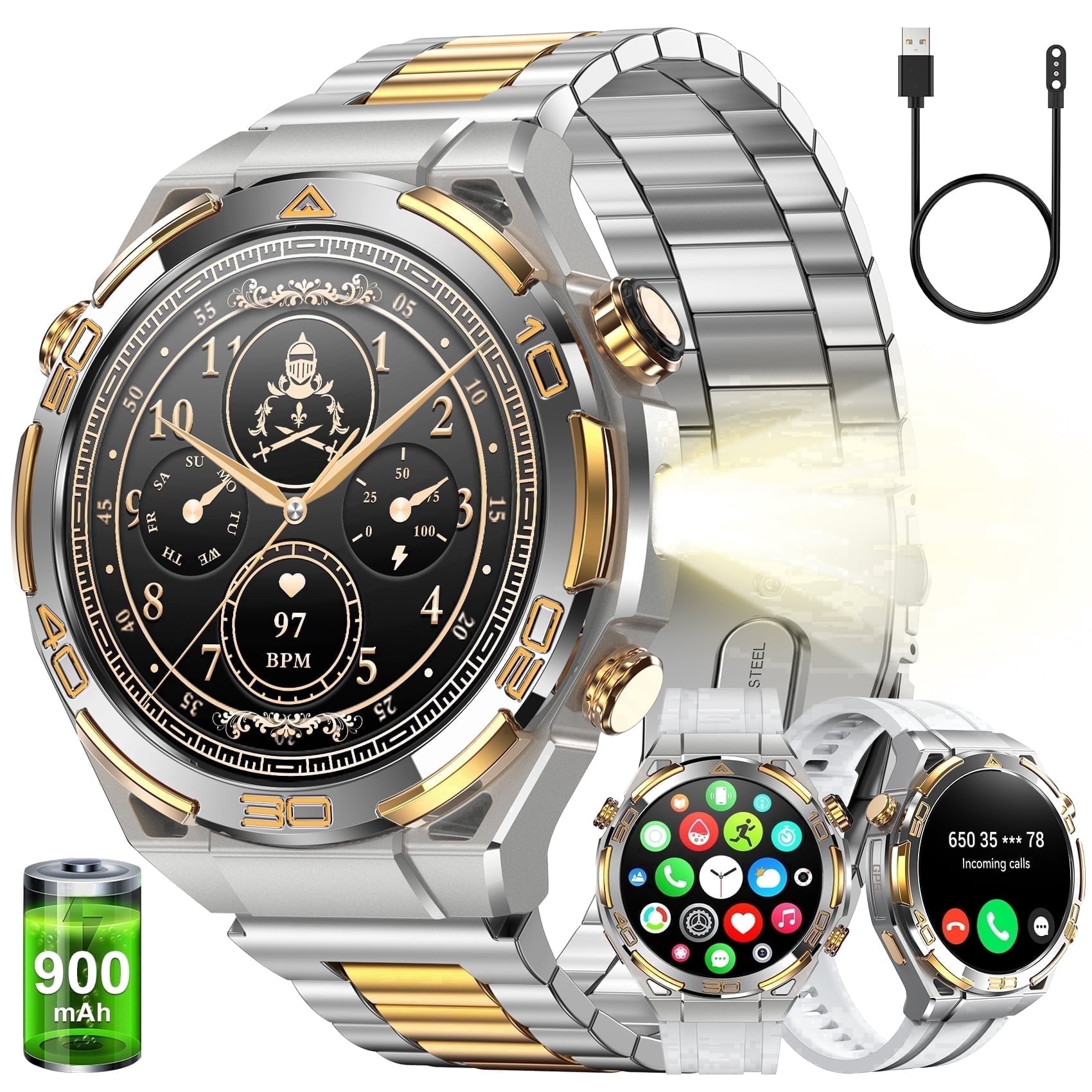 IOWODO Smart Watch for Men, 1.43" AMOLED Bluetooth Call & Answer, Fitness Tracker, 100+ Sport Modes, 900mAh, 1ATM Waterproof Compatible with Android iOS (Sliver)