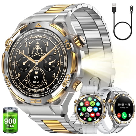 IOWODO Military Smart Watch for Men, 1.43" AMOLED HD Touch Screen, Bluetooth Call & Answer, Fitness Tracker, 100+ Sport Modes, 900mAh, IP68 Waterproof, Compatible with Android iOS (Sliver)