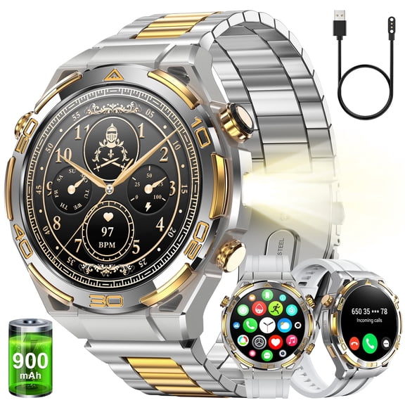 IOWODO Military Smart Watch for Men, 1.43" AMOLED HD Touch Screen, Bluetooth Call & Answer, Fitness Tracker, 100+ Sport Modes, 900mAh, IP68 Waterproof, Compatible with Android iOS (Sliver)