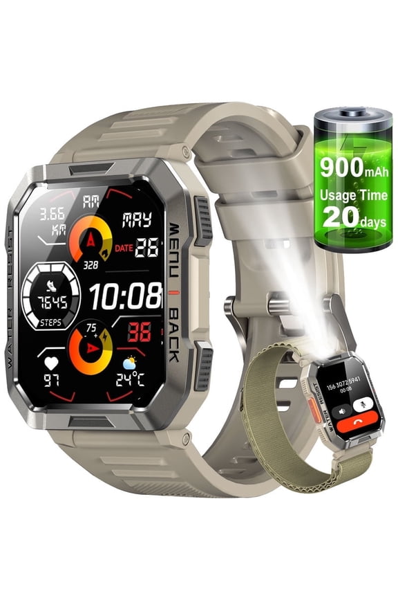 Military Smart Watch for Men(Answer/Make Calls),Outdoor Smartwatch with 100 Days Battery/Flashlight/Compass 1ATM Waterproof, Rugged Fitness Watch for iPhone/Android for Gift